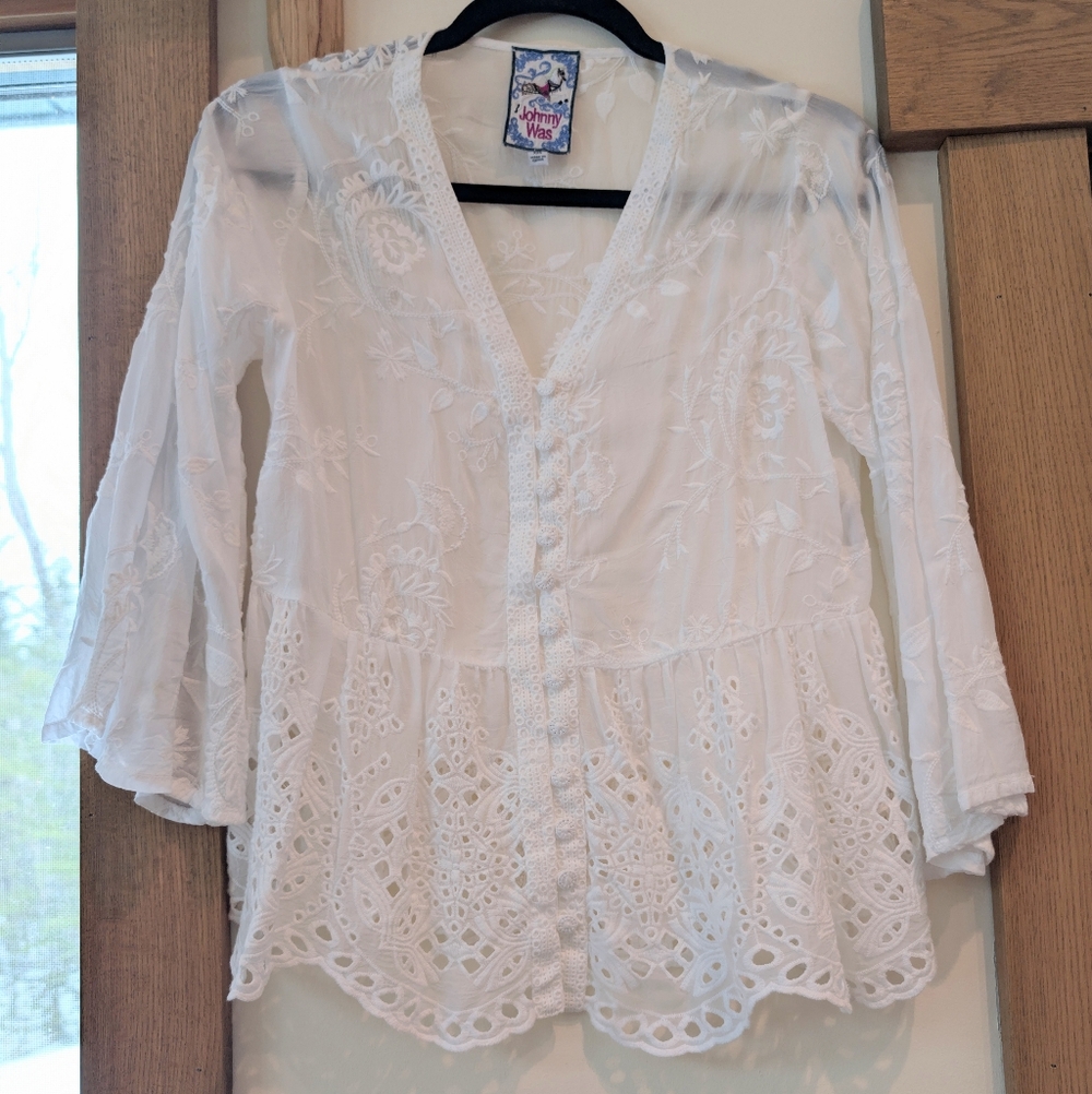 Johnny Was $255 White Embroidered Lace Peplum Button-Front Top XS XXS BEAUTIFUL!